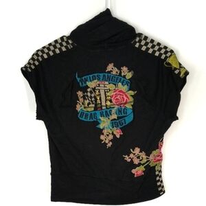 Johnny Was JW Los Angeles Drag Racing Embroidered Hoodie Short Sleeves Sz Small